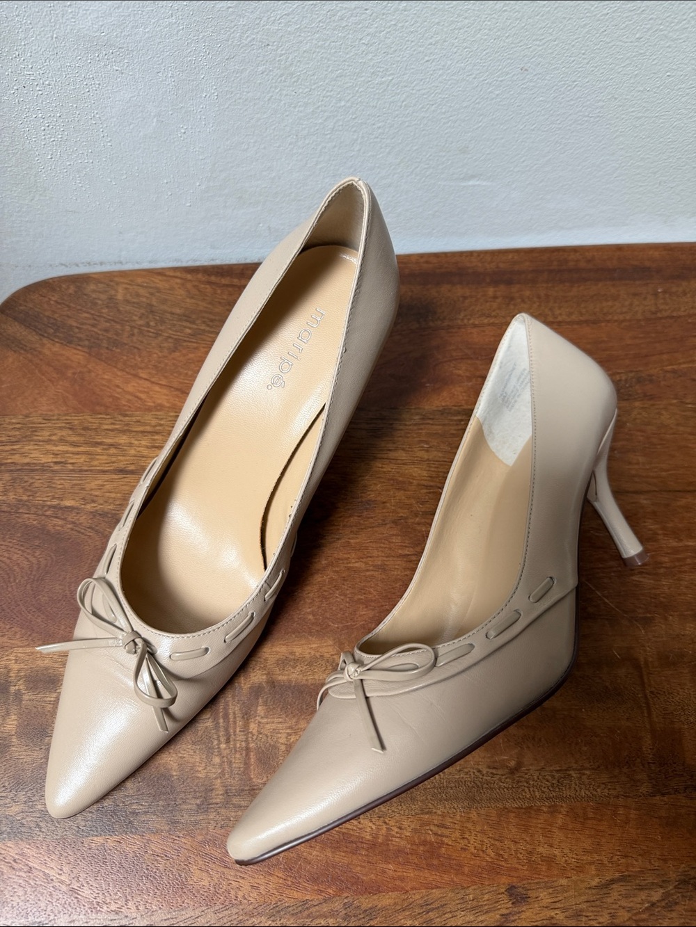Maripe Beige Leather Pointed-Toe Bow Pumps